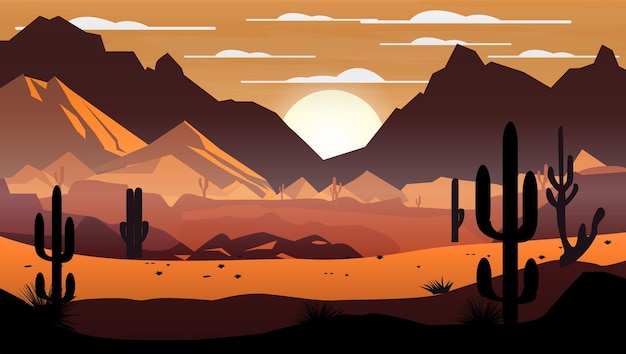 Eine cartoonillustration einer wüstenszene mit einem sonnenuntergang im hintergrund