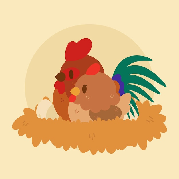 Eine Cartoonillustration eines Huhns und eines Huhns in einem Nest.
