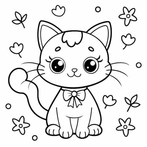 eine Cartoonkatze mit einem Bogen auf dem Kopf und einem schwarz-weißen Hintergrund mit Blumen und Herzen