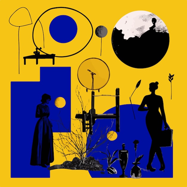 Vektor eine collage mit verschiedenen objekten, die eine große blaue und gelbe fläche bedecken
