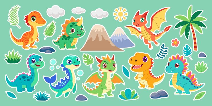Vektor eine collage von zeichentrickfiguren, darunter dinosaurier und berge