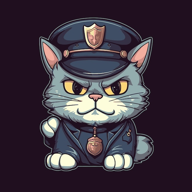 Eine comic-katze mit einer polizeimütze auf dem kopf.