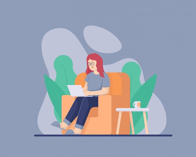 Eine dame arbeitet von zu hause aus mit ihrem laptop auf einem bequemen sofa während der selbstquarantäneillustration der pandemie