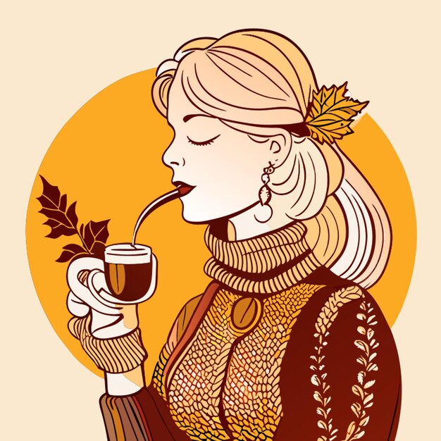 Eine dame, die kaffee trinkt, vektorillustration