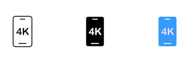 Eine Datei mit einem Bild eines Telefons, auf dem in der Ecke des Bildschirms ein 4K-Symbol angezeigt wird. Das Telefon ist elegant und modern. Vektorsatz von Symbolen in schwarzen und farbenfrohen Linienstilen isoliert