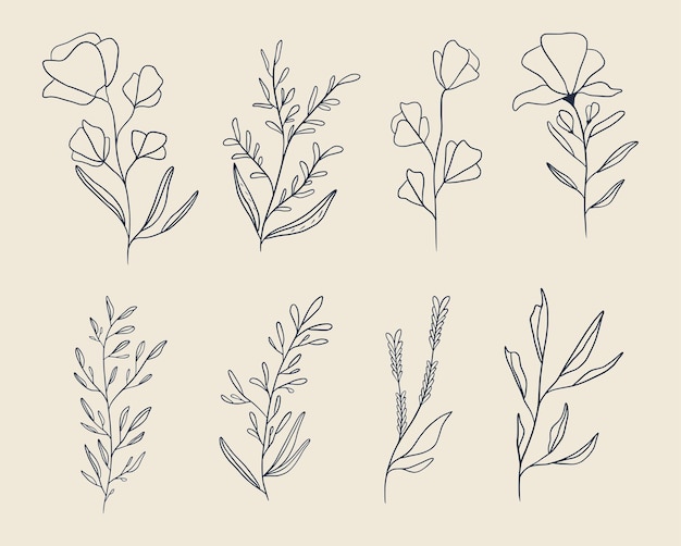 Eine durchgehende Linie aus Pflanzensatz Einzellinienzeichnung Kunst botanische Pflanze isoliert