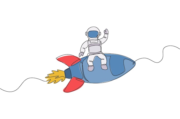 Eine durchgehende Linie, die einen Raumfahrer-Astronauten zeichnet, der mit der Hand winkt und auf einer fliegenden Rakete sitzt, Kosmonautenvektor