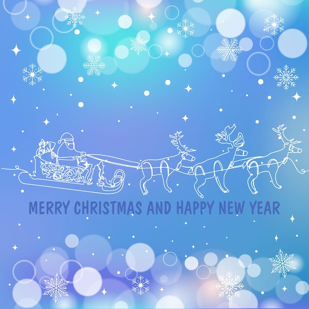 Eine durchgehende Linie zeichnet den Weihnachtsmann auf Rentier- und Schlittenkonzept für die Vektorillustration zu Weihnachten und Neujahr