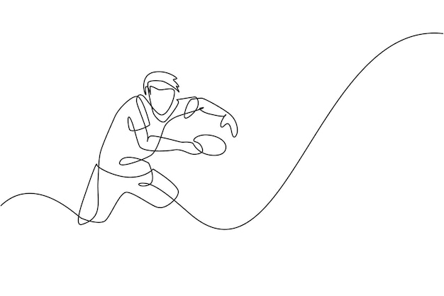Eine durchgehende linie zeichnet einen sportlichen tischtennisspieler, der steht, um den ball beim tischtennis zu empfangen