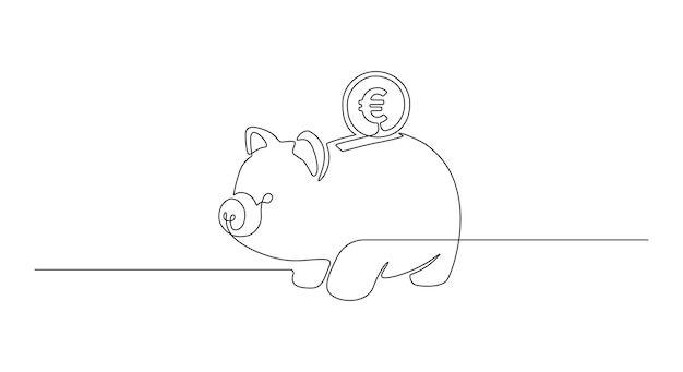 Eine durchgehende linienzeichnung des sparschweins mit evro-münze symbol für sicheres geld und geschäftsfinanzierungskonzept in einfachem linearem stil bearbeitbarer strich doodle-konturvektorillustration