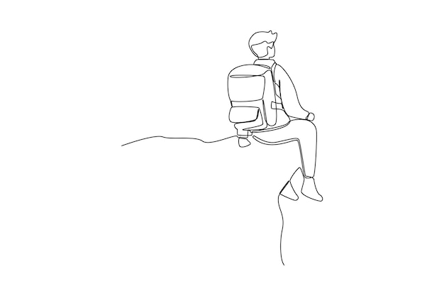 Eine durchgehende Strichzeichnung des Reisenden oder Entdeckers auf Berg- oder Talkonzept. Doodle-Vektorillustration im einfachen linearen Stil