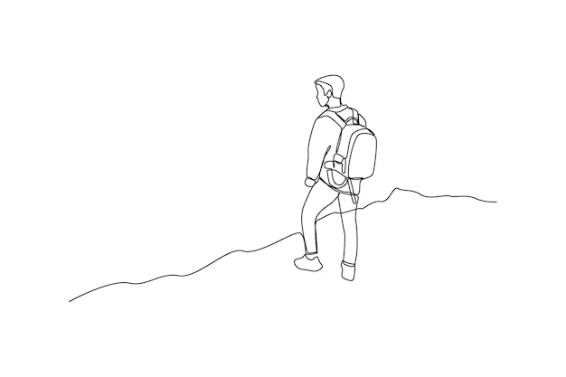 Eine durchgehende Strichzeichnung des Reisenden oder Entdeckers auf Berg- oder Talkonzept. Doodle-Vektorillustration im einfachen linearen Stil