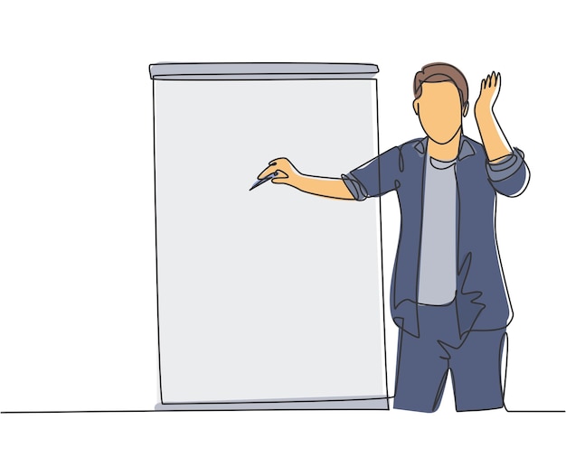 Eine durchgehende Strichzeichnung eines jungen Moderators, der mit dem Finger auf das Publikum zeigt. Design-Grafikvektor