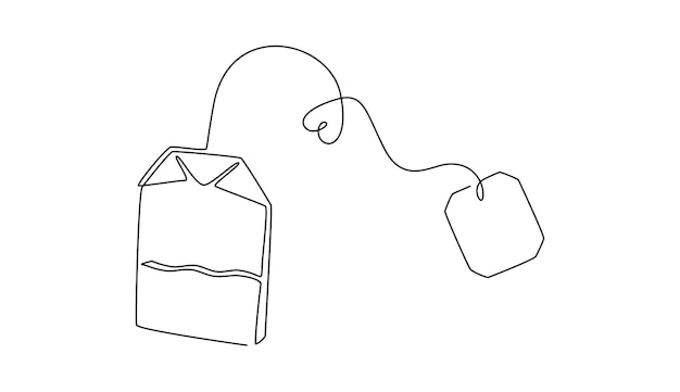 Eine durchgehende Strichzeichnung eines Teebeutels aus Papier. Heißes Kräutergetränk für die Morgenroutine und das Frühstück im einfachen linearen Stil. Bearbeitbarer Strich. Doodle-Vektorillustration
