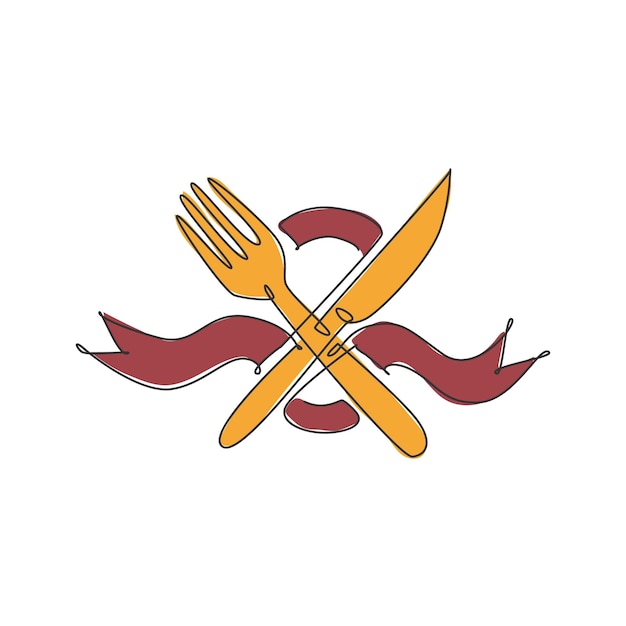 Eine durchgehende Strichzeichnung von Messer und Gabel mit Band für das Logo des Restaurant-Logos, Luxus-Café-Shop