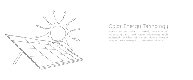 Eine durchgehende strichzeichnung von solarpanel mit sonne grüne energie und erneuerbare ressourcen in einfachem linearem stil kraftwerk und ökologiekonzept speichern bearbeitbarer strich doodle-vektorillustration