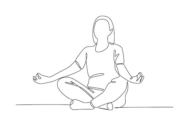 Eine durchgehende Zeichnung einer Frau, die für die Gesundheit meditiert, Fitness-Streckkonzept Trendy One-Line-Design-Vektor-Illustration