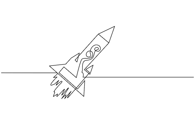 Eine durchgehende Zeichnung eines einfachen Retro-Raumschiffs, das zum Nebel im Weltraum fliegt
