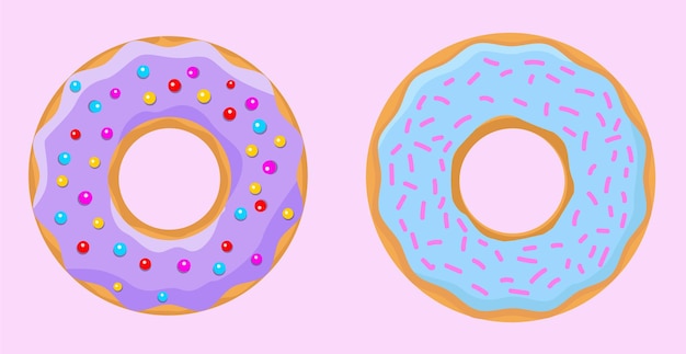 Eine einfache gruppe von donuts. helle süße donuts. farbige und mehrfarbige donuts auf rosa hintergrund
