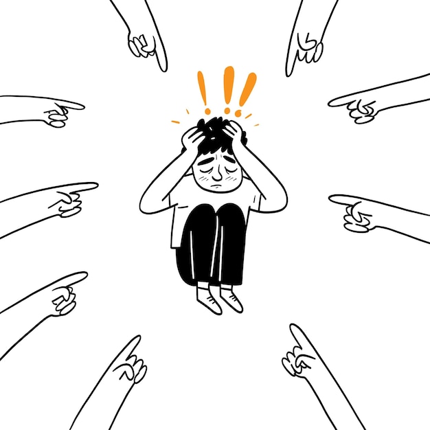 Eine einfache Zeichnung einer Person, die mit dem Kopf in den Händen sitzt und von zeigenden Fingern umgeben ist