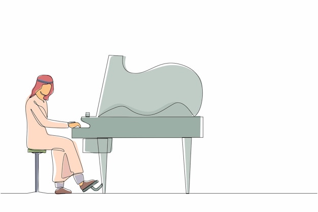 Eine einzelne kontinuierliche zeichnung araber spielt klavier der männliche darsteller sitzt an einem musikinstrument