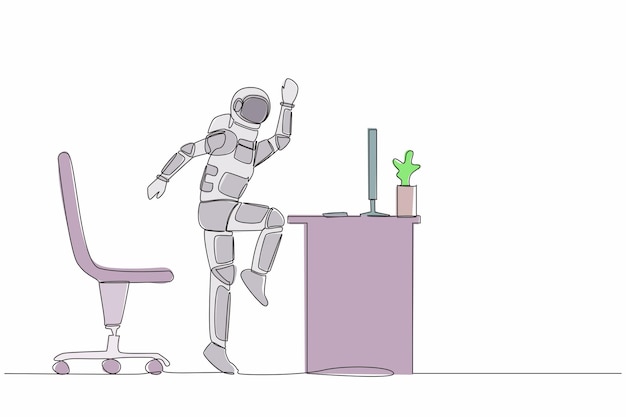 Eine einzelne kontinuierliche Zeichnung eines glücklichen Astronauten, der auf seinem Computertisch springt und tanzt.