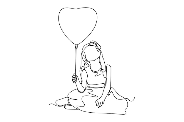 Eine einzelne linie, die ein hübsches mädchen zeichnet, sitzt und hält einen herzballon hochzeitskonzept kontinuierliche linienzeichnung design-grafik-vektorillustration