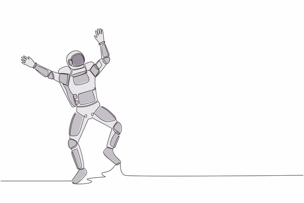 Eine einzelne Zeile zeichnet einen glücklichen Astronauten, der mit beiden Händen erhoben springt.