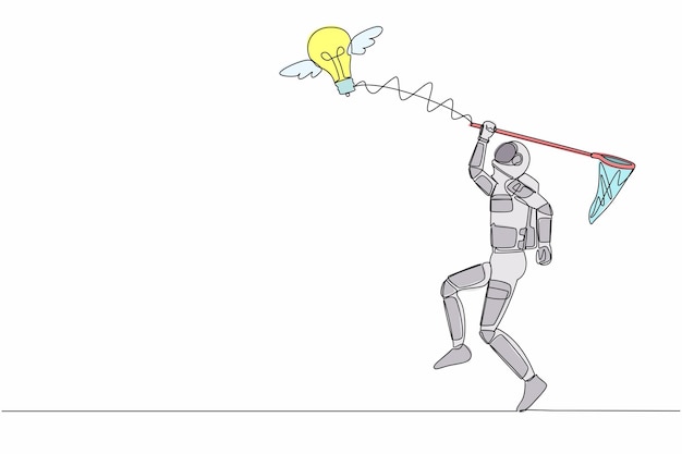 Eine einzelne Zeile zeichnet einen jungen Astronauten, der versucht, eine fliegende Glühbirne zu fangen.