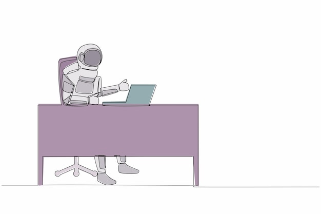 Eine einzelne Zeilenziehung eines Astronauten, der vor einem Laptop am Schreibtisch den Daumen nach oben zeigt