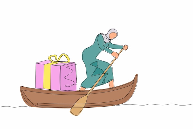 Vektor eine einzelne zeilzeichnung einer arabischen geschäftsfrau, die in einem segelboot mit einer geschenkbox-illustration steht