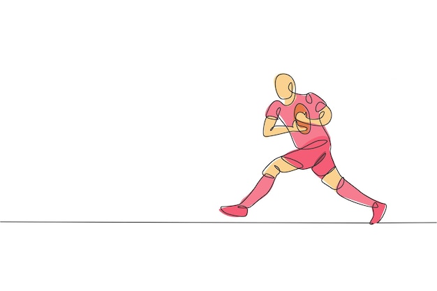 Eine einzige Linie, die einen jungen, energiegeladenen Rugbyspieler zeichnet, der läuft und den Ball hält, Vektor-Sportdesign