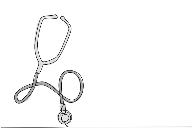 Eine einzige Strichzeichnung der Stethoskopausrüstung für den Arzt, der den Herzschlagzustand des Patienten untersucht