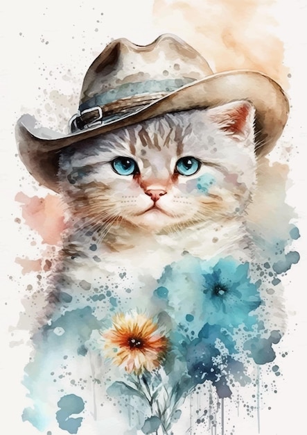 Eine elegante Katze in einem Aquarellhut