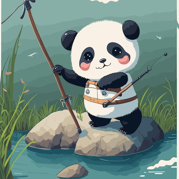 Eine entzückende niedliche pandabärenfigur im japanischen stil fischt