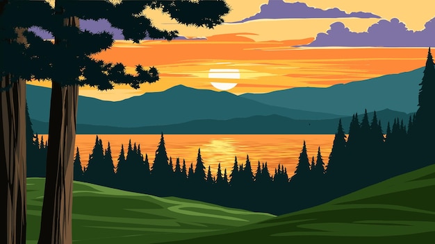 Eine farbenfrohe illustration einer berglandschaft mit einem sonnenuntergang und bergen im hintergrund.