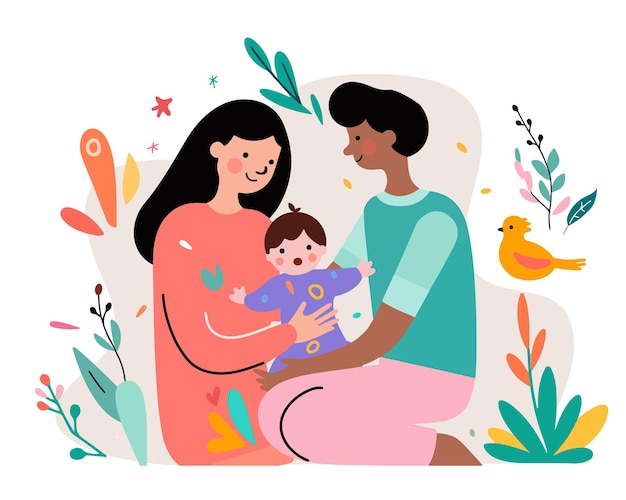 Eine farbenfrohe Illustration einer Familie mit einem Baby im Arm.