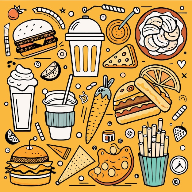 Eine farbenfrohe Illustration von Speisen und Getränken auf einem gelben Hintergrund, darunter Burger, Braten, Karotten und Milkshake