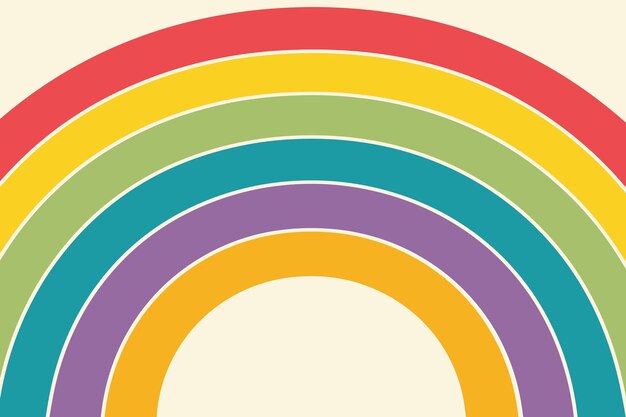 Eine farbenfrohe, retro-inspirierte Regenbogenillustration mit rot-gelb-grün-teal-violett und orange