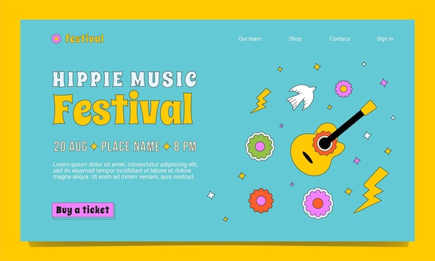 Eine festival-landing-page-vorlage im stil der 1970er- und 1960er-jahre