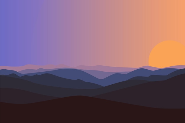 Eine flache Darstellung der malerischen Aussicht Schöne ruhige und entspannende Landschaft eines Sonnenuntergangs