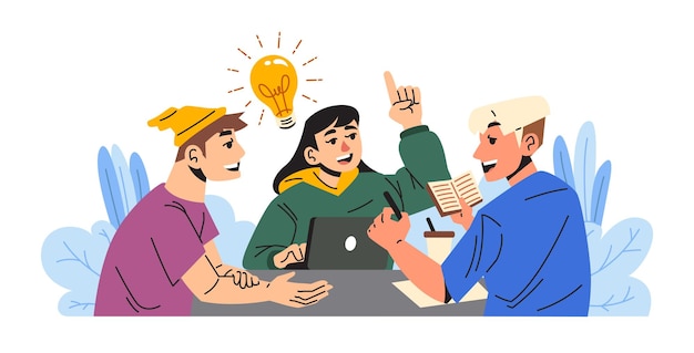 Eine flache Gruppe von Leuten, die eine Illustration von Ideen diskutieren