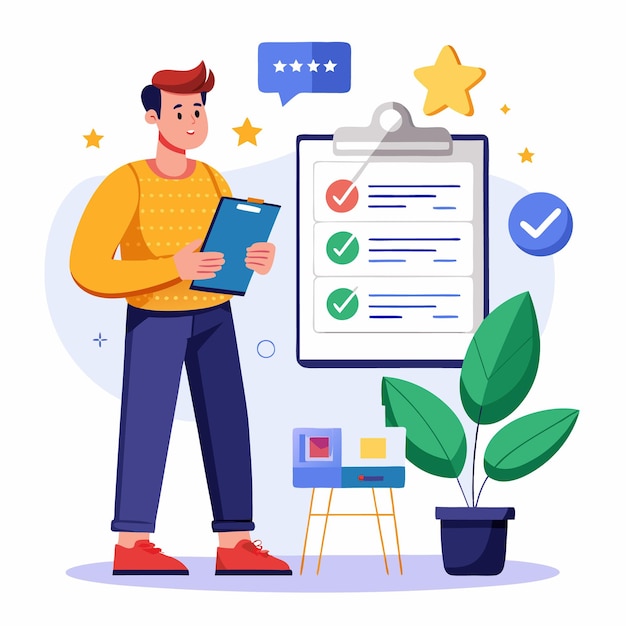eine flache Illustration eines Arbeiters mit Tagebuch