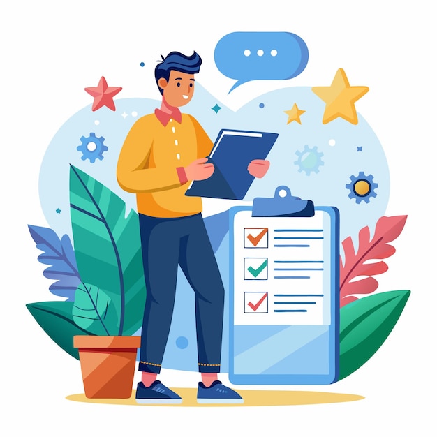 eine flache Illustration eines Arbeiters mit Tagebuch