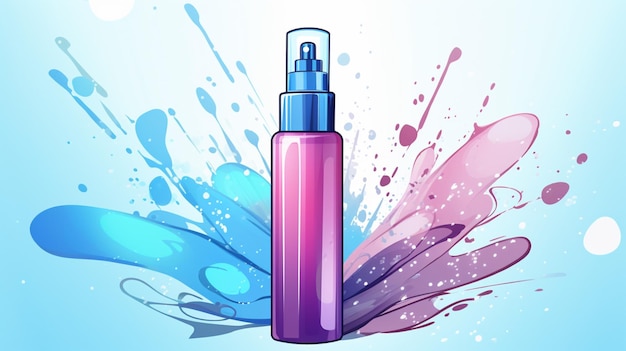 Vektor eine flasche purpurfarbener flüssigkeit mit purpurroter oberseite und purpurroten und rosafarbenen farbspritzen