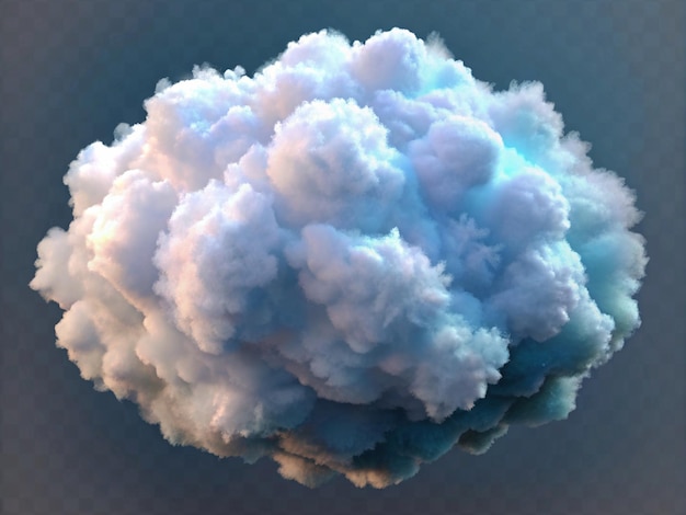 Eine flauschige weiße Wolke mit einem Hauch von blauem Licht, isoliert vor einem dunkelblauen Hintergrund