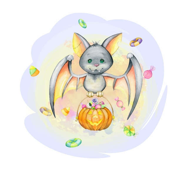 Eine fledermaus im cartoon-stil mit kürbis und süßigkeiten. aquarellkonzept für halloween. für kinderfeste.