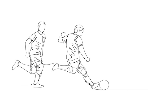 Eine fortlaufende zeichnung eines jungen, energischen fußballspielers, der den ball kickt, um ihn an seinen teamkollegen weiterzugeben