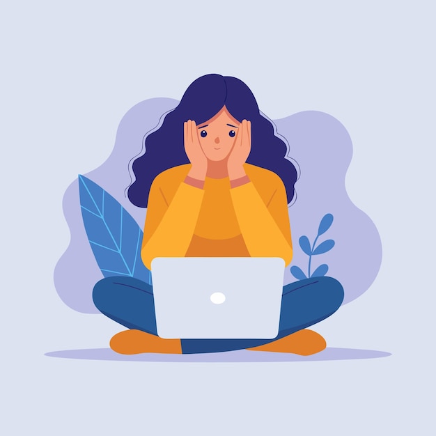 Eine Frau arbeitet an einem Laptop und sucht nach einer angespannten flachen Vektorillustration