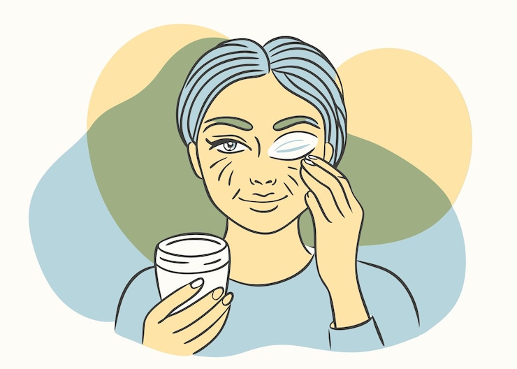 Vektor eine frau, die augencreme und gesichtsmaske aufwendet, zeigt eine hautpflege-routine